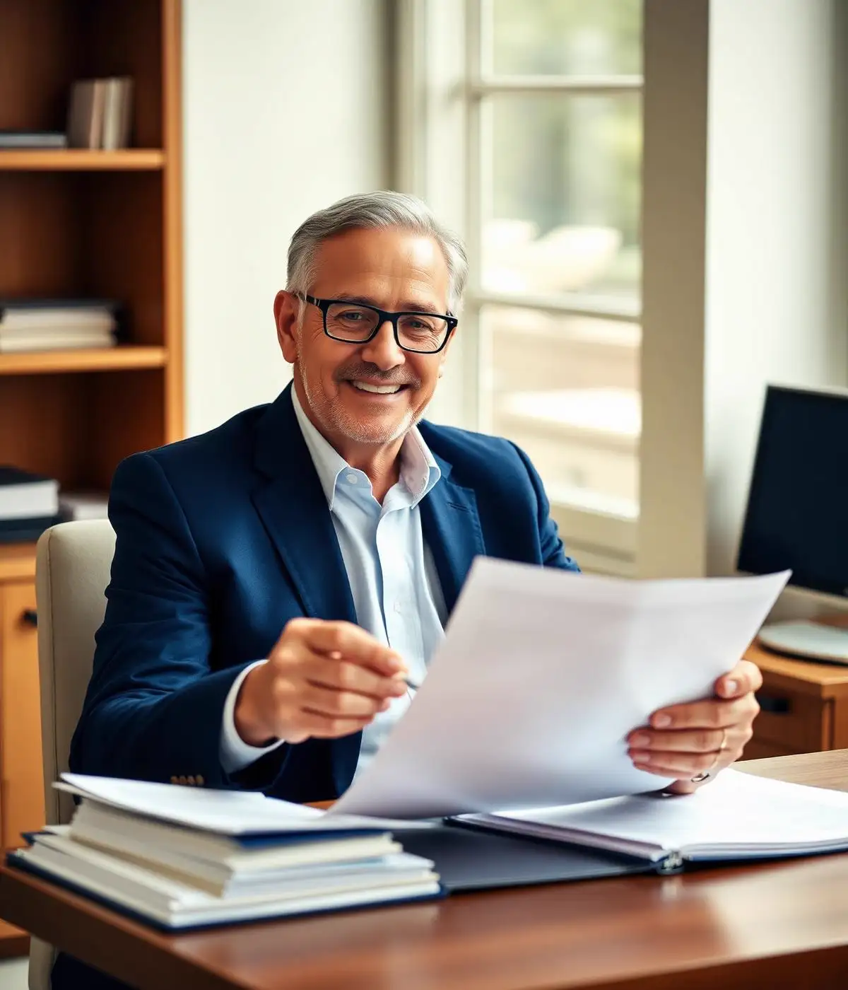 A reverse mortgage loan officer reviewing documents in a home office