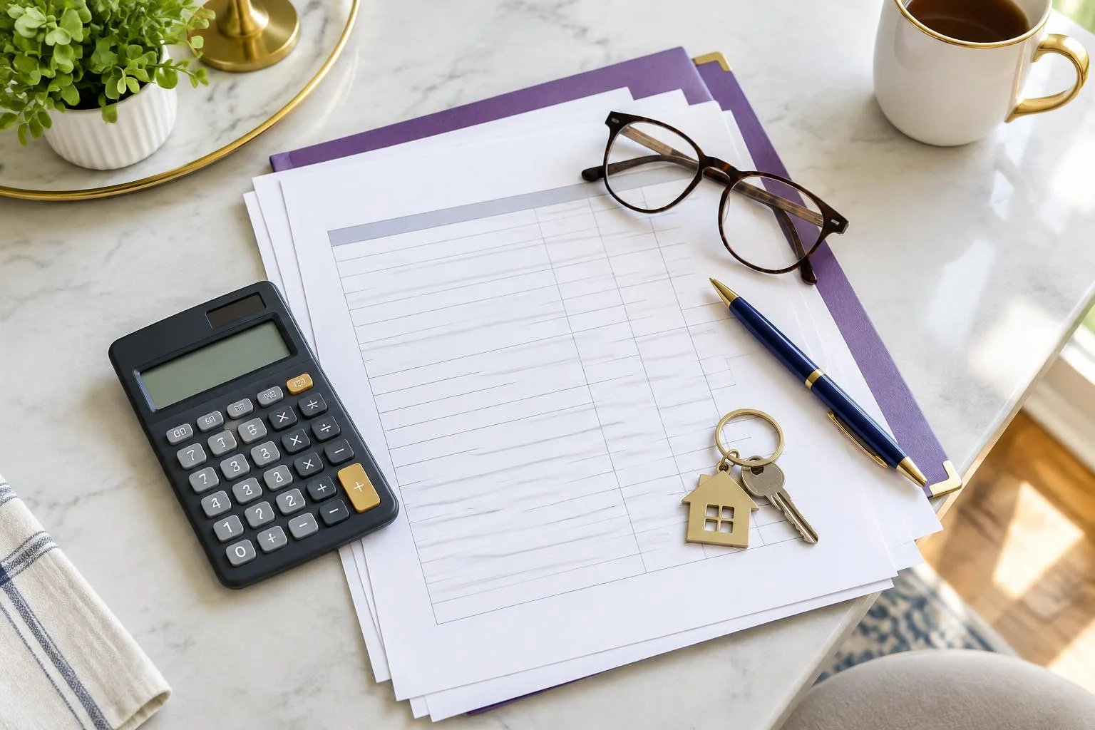 Calculator, itemized blank paperwork, reading glasses, and house keys for closing-cost planning