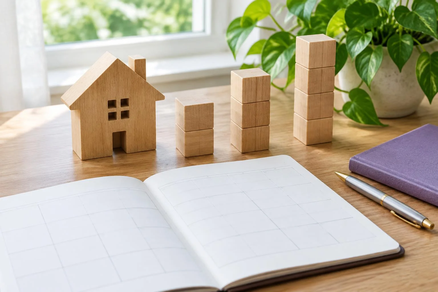 HECM line of credit growth calculator 2026 — projected unused credit line Wooden house and increasing stacks of blocks illustrating available credit planning over time