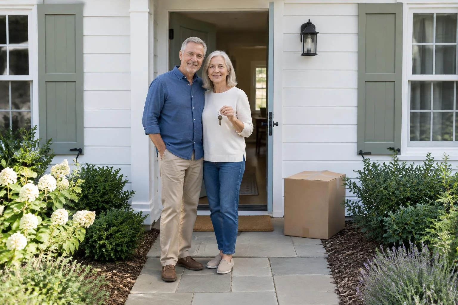 HECM for Purchase calculator 2026 — estimate required down payment Illustrative older couple with keys at the entrance of a single-story home