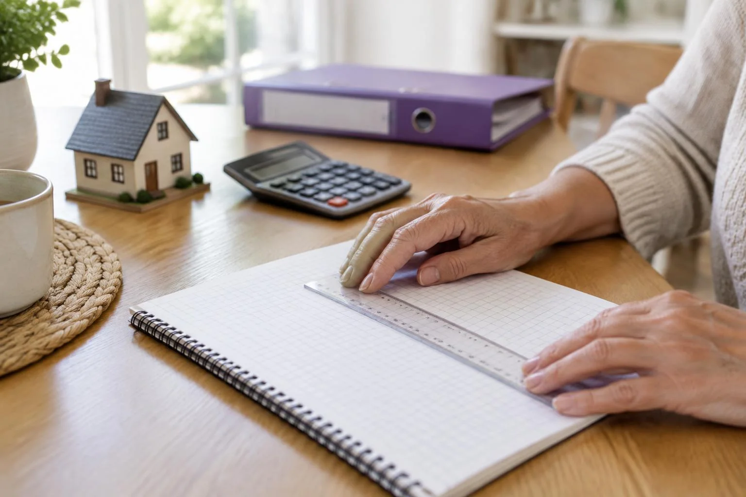 Reverse mortgage loan balance calculator 2026 — balance and equity projection Homeowner hands measuring a blank graph notebook beside a calculator and house model