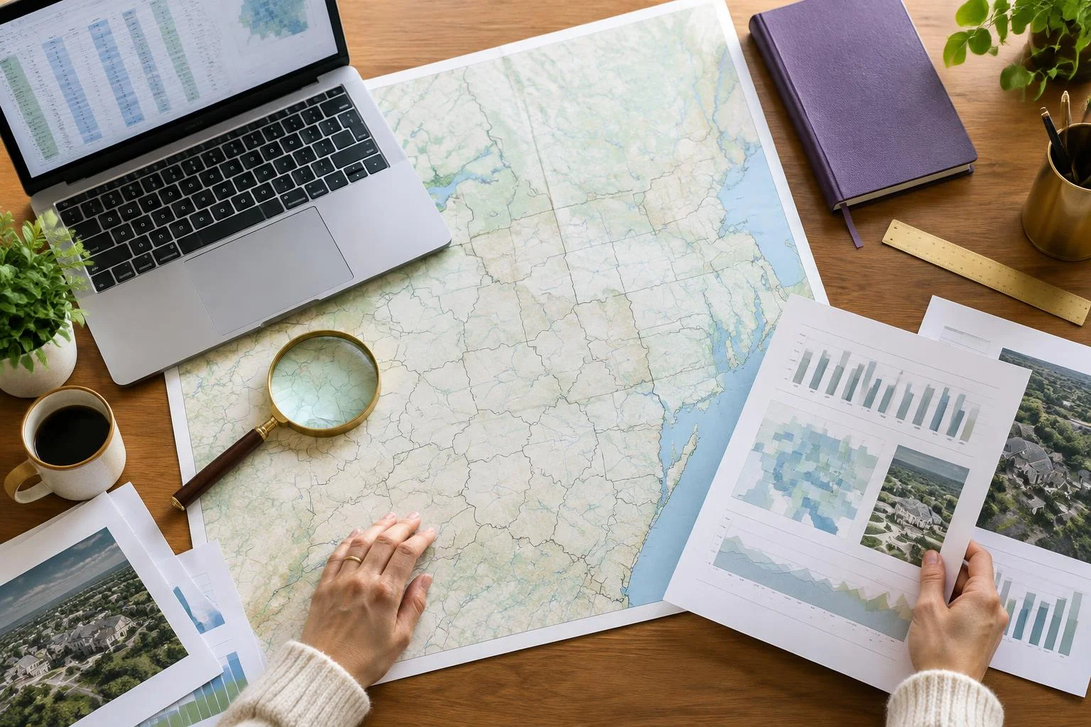 Overhead housing-data research workspace with a county map and geographic reports