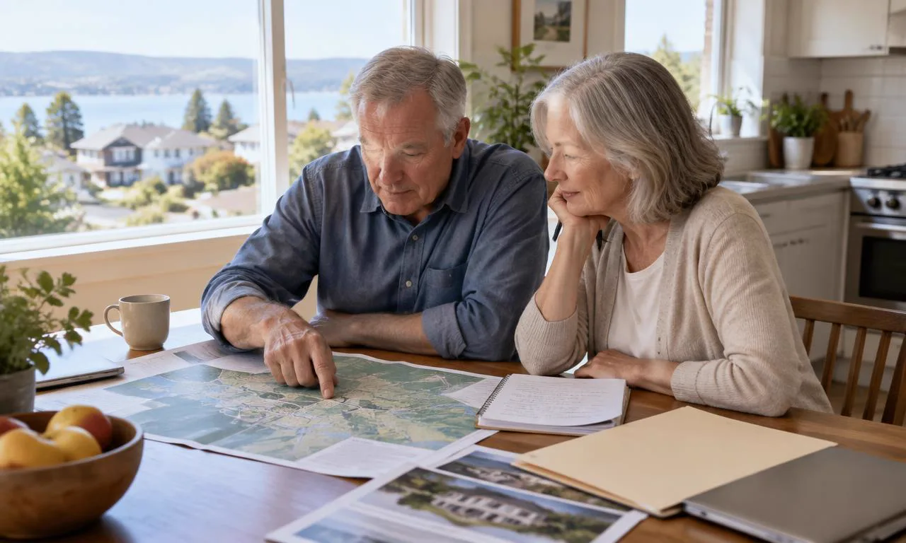Older homeowners reviewing a local property map and home documents together