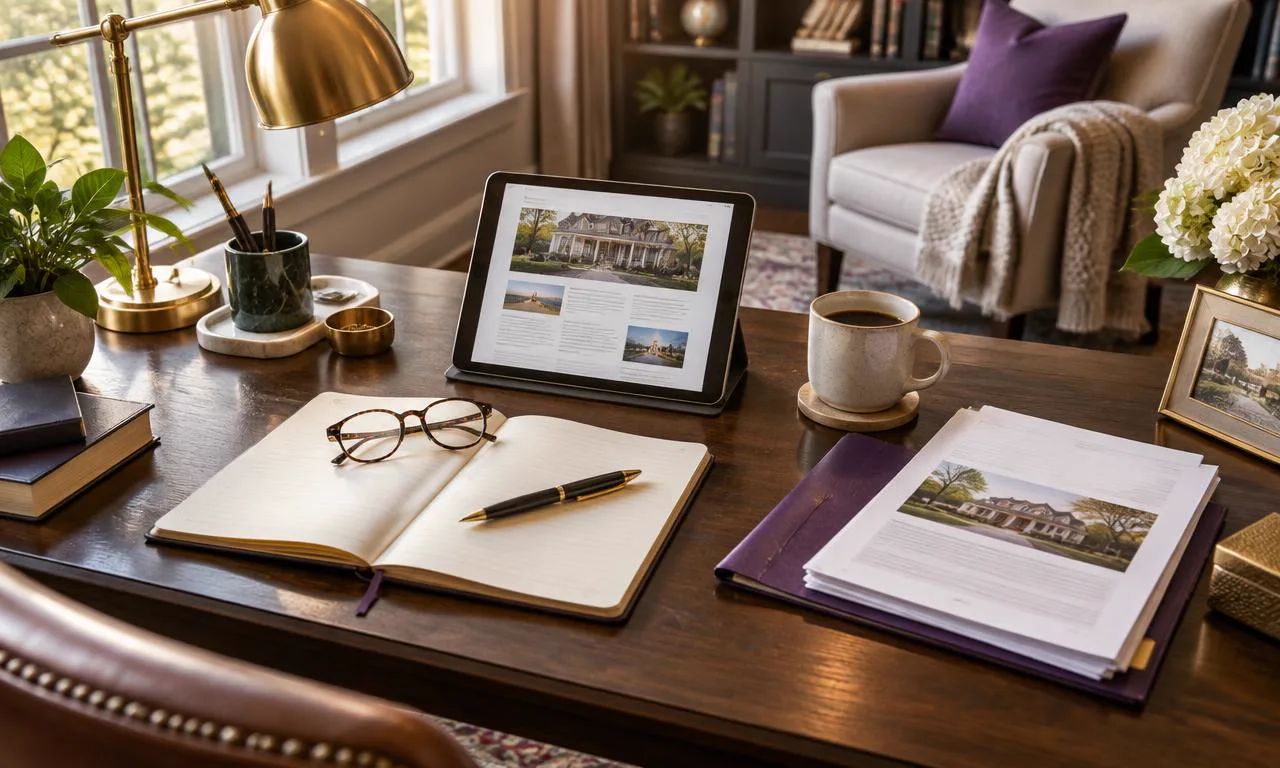 Home reading desk prepared with educational reverse mortgage articles and notes