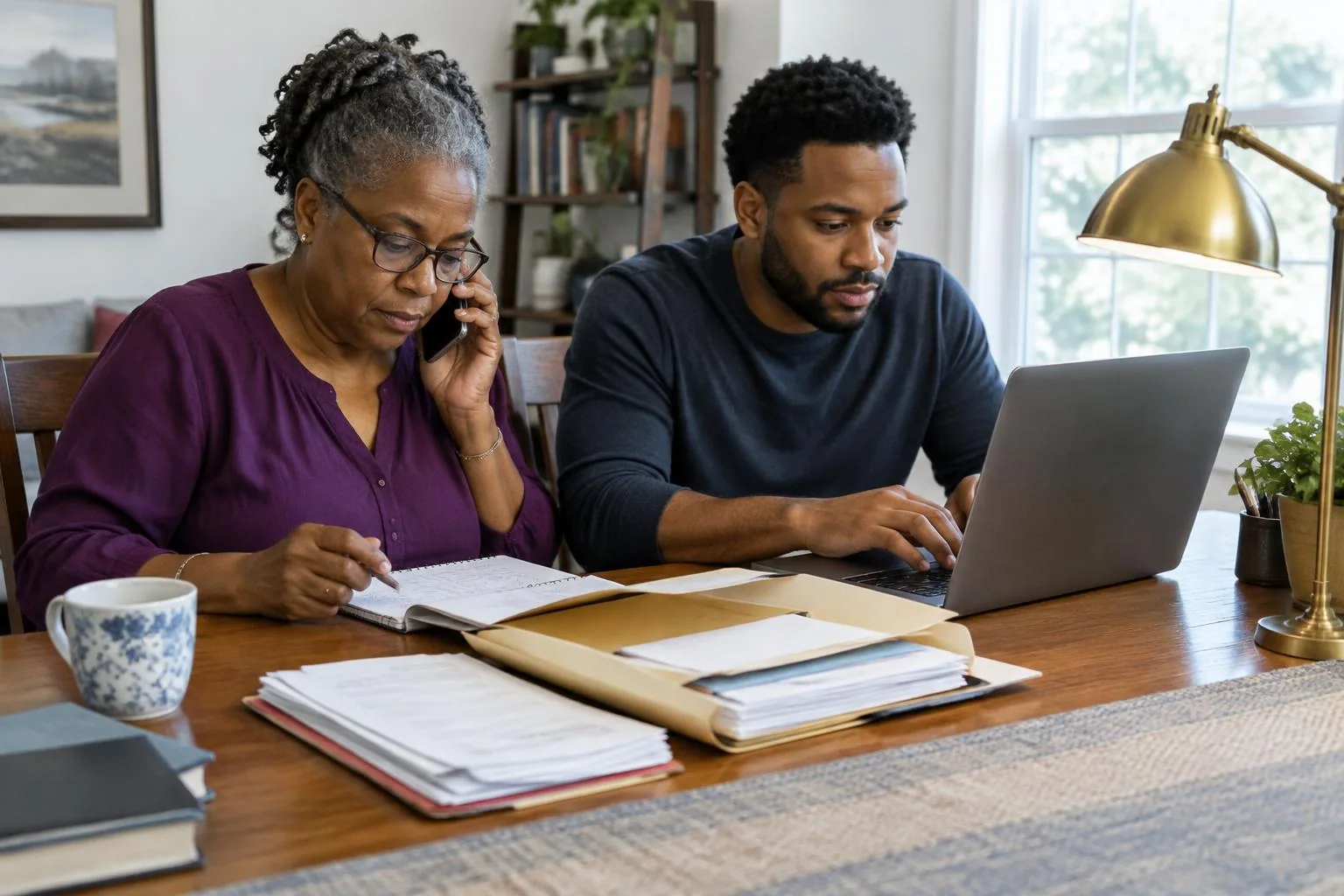 Reverse mortgage complaints 2026 — common issues and where to file Older homeowner on the phone while her adult son helps organize correspondence beside a laptop