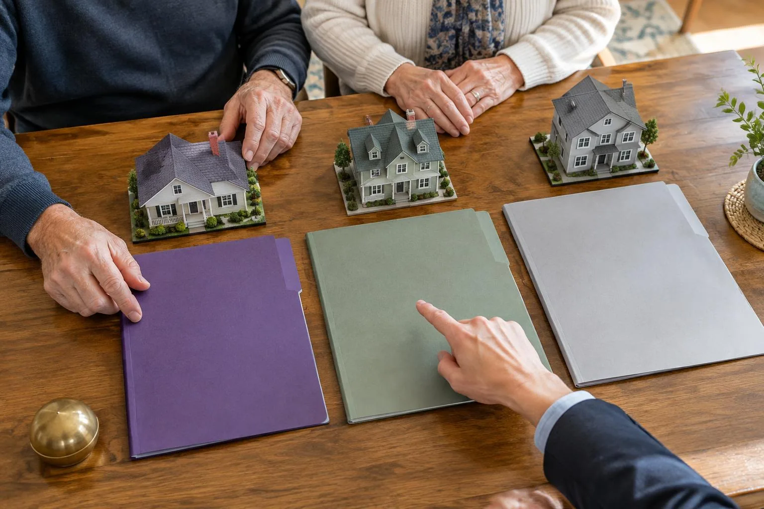 Types of reverse mortgages 2026 — HECM, proprietary jumbo and single-purpose compared Three document folders and model homes arranged for an older couple comparing loan options