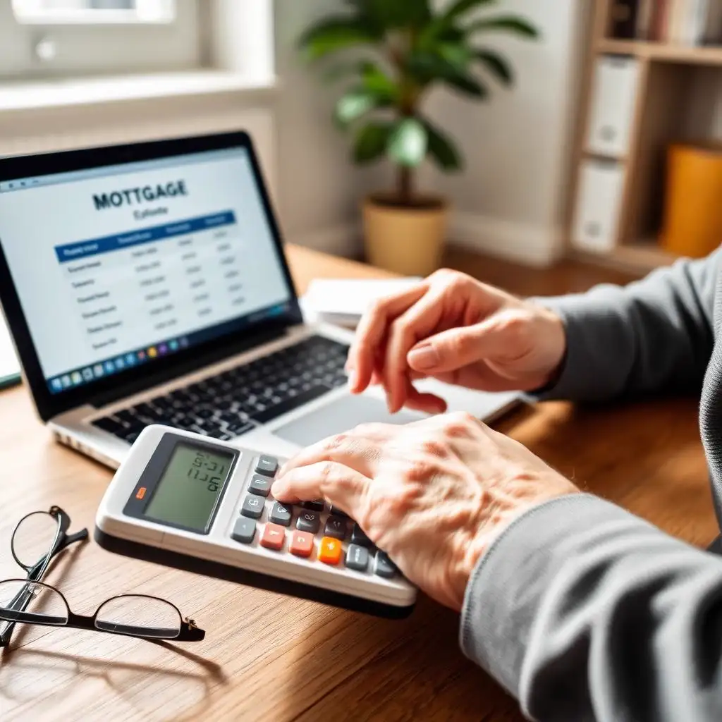 Reverse mortgage calculator — senior hands using a calculator and laptop to estimate loan proceeds Senior couple at home using a reverse mortgage calculator to estimate loan proceeds