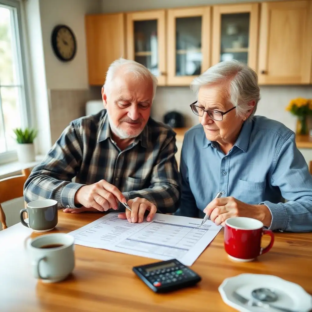 Reverse mortgage costs and fees — retired couple reviewing an itemized HECM closing cost statement Retired homeowners reviewing reverse mortgage costs and fees at their kitchen table