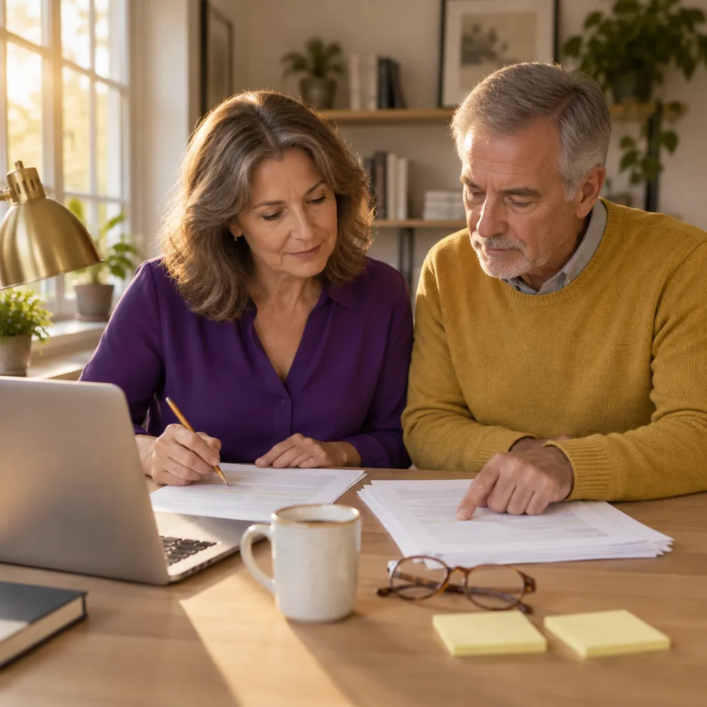 Editorial standards — how reverse mortgage content is researched and reviewed Two reviewers checking printed housing documents side by side at a desk with a laptop