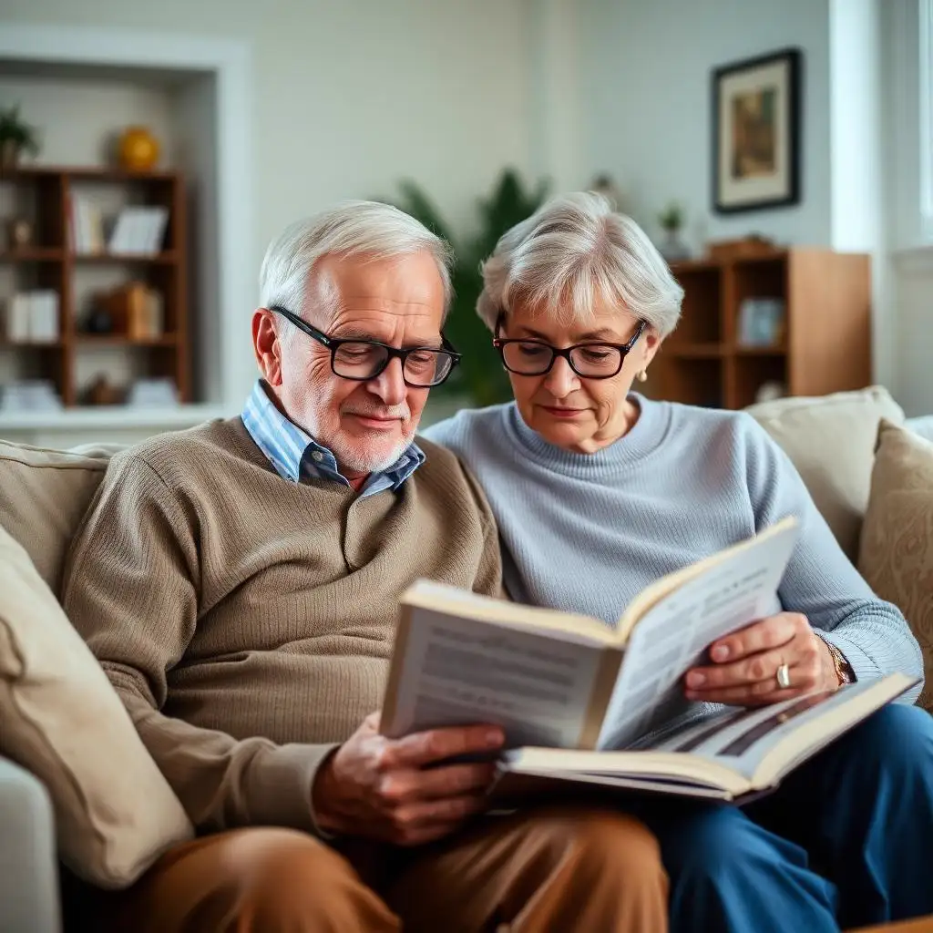 Reverse mortgage FAQ — senior couple reading a reverse mortgage question and answer guide Older homeowners reviewing reverse mortgage FAQs with a mortgage loan officer