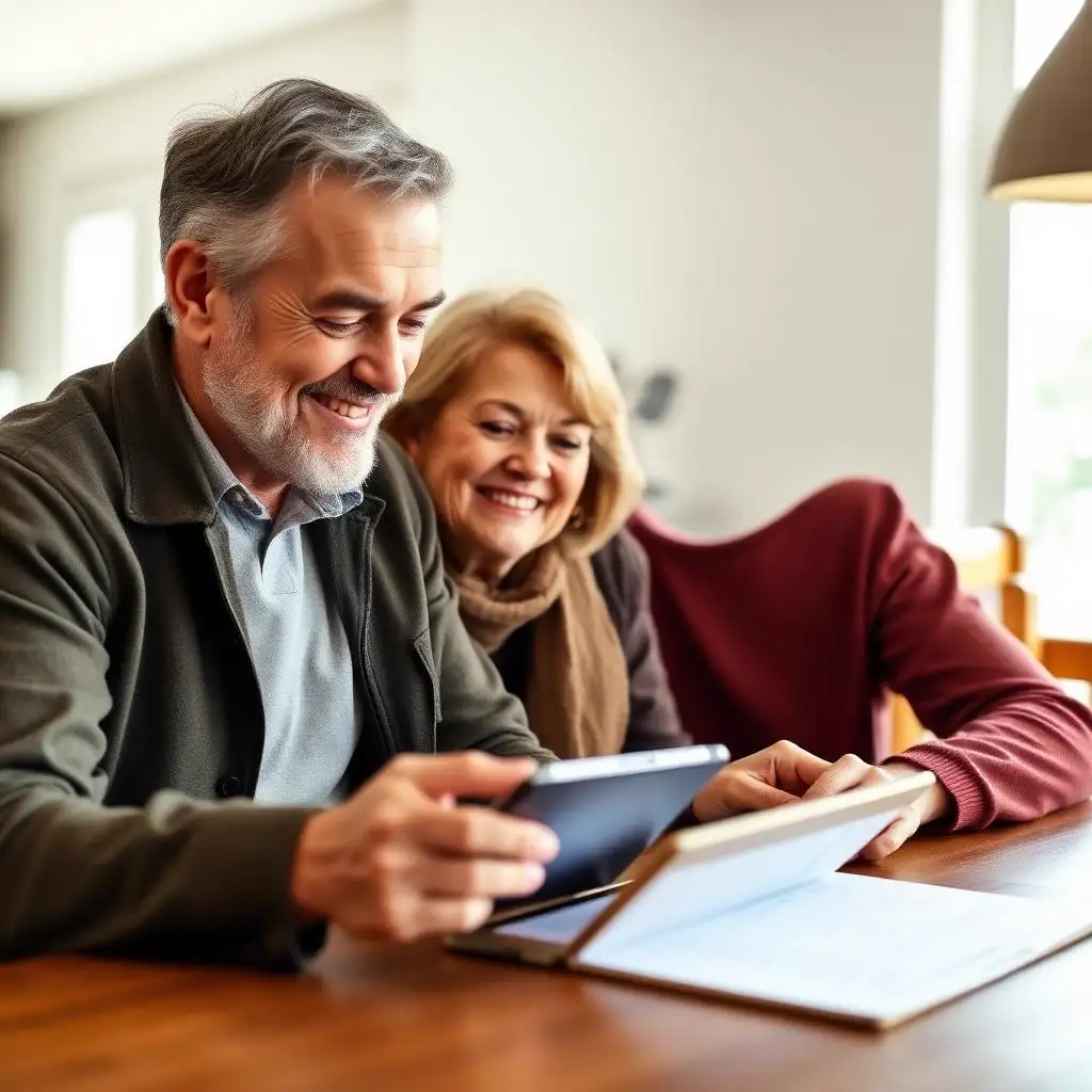 Estimación gratis de hipoteca inversa en español — pareja completando la solicitud en una tableta Pareja de adultos mayores hispanos completando una solicitud en línea de estimación de hipoteca inversa