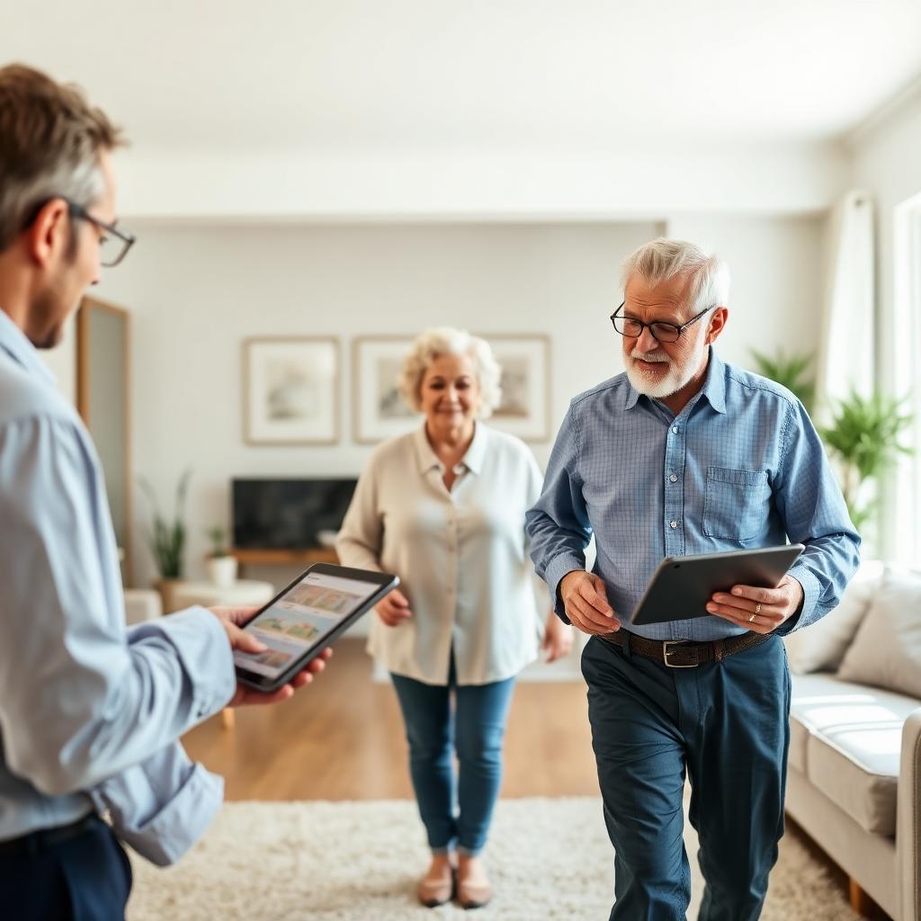 How a reverse mortgage works — loan officer walking retired couple through the HECM process Retired couple in their 70s smiling outside their home learning how a reverse mortgage works