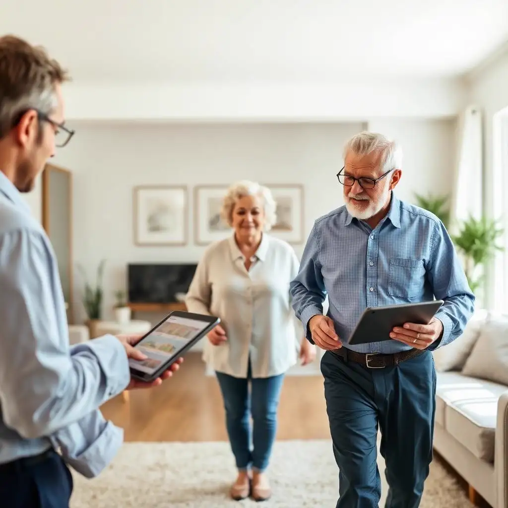 How a reverse mortgage works — loan officer walking retired couple through the HECM process Retired couple in their 70s smiling outside their home learning how a reverse mortgage works