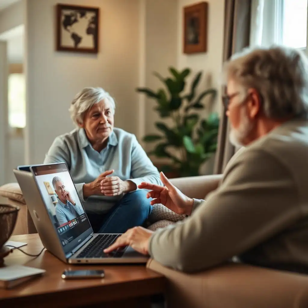 HUD reverse mortgage counseling — senior borrowers attending the required independent HECM counseling session Senior couple completing required HUD reverse mortgage counseling session by phone