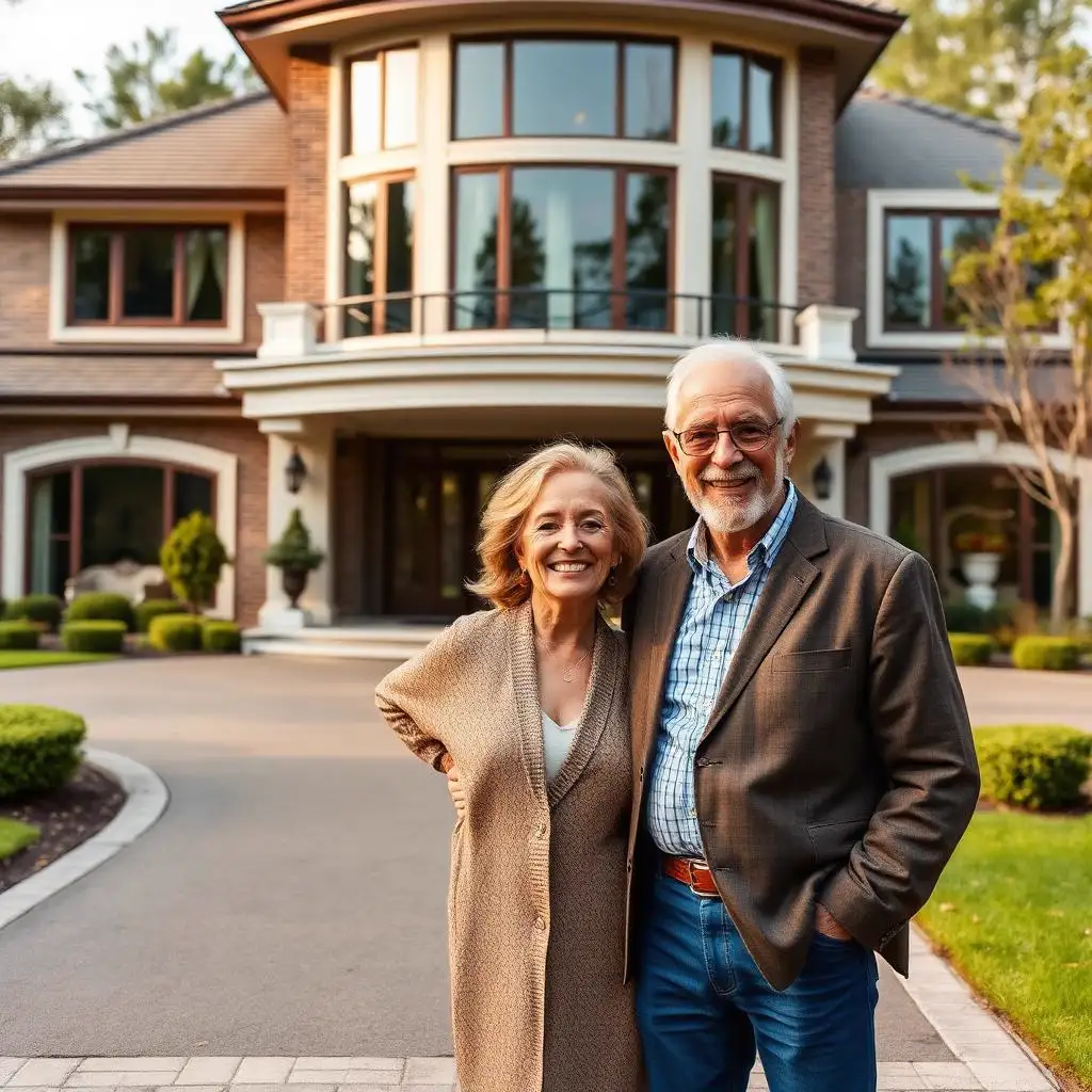 Senior couple in front of luxury home considering a jumbo reverse mortgage