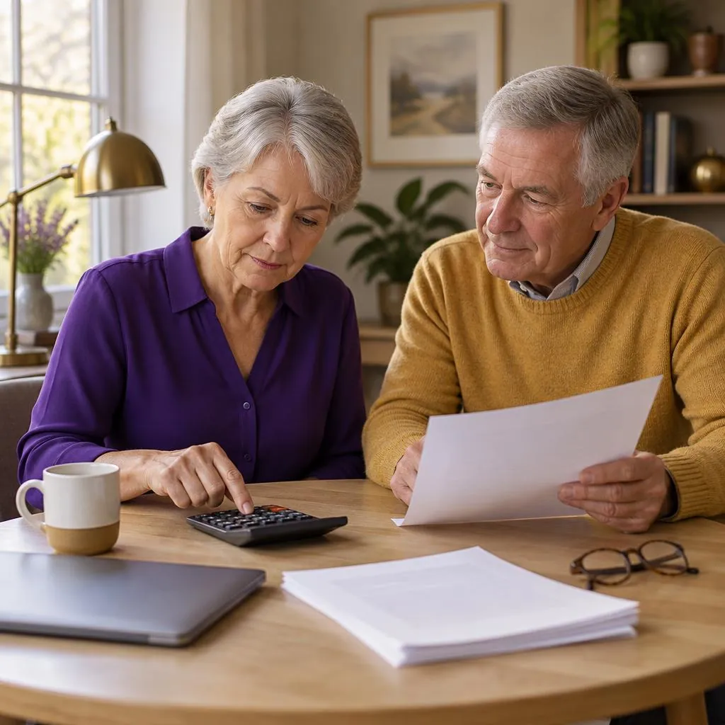 Two reviewers checking calculator figures together at a table with printed documents