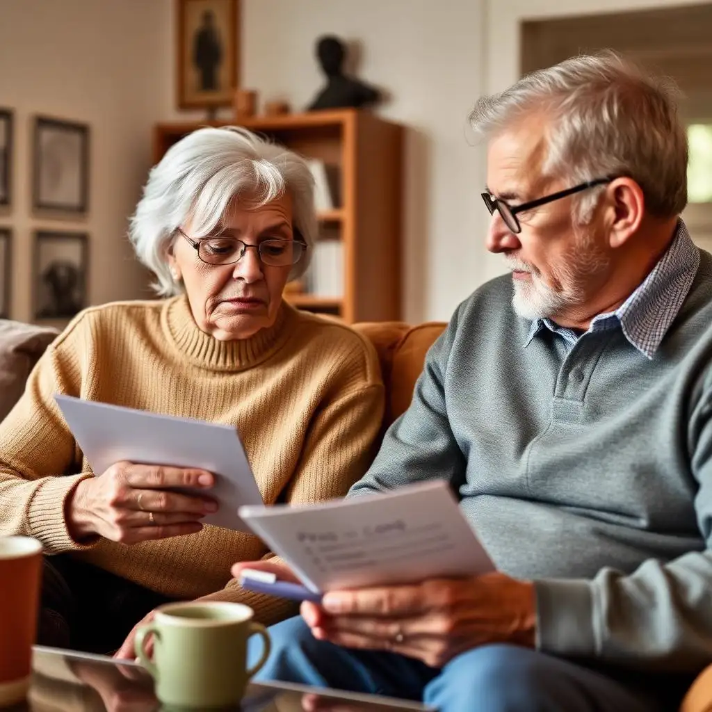 Reverse mortgage pros and cons — senior couple comparing HECM benefits and trade-offs Senior couple weighing reverse mortgage pros and cons at their kitchen table