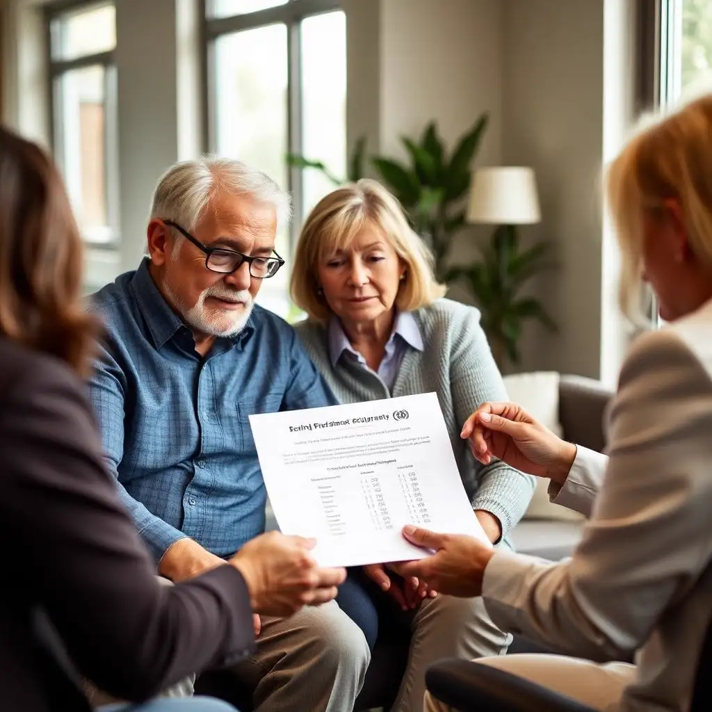 HECM refinance — senior borrower reviewing HUD anti-churning benefit calculation for a HECM-to-HECM refinance Senior homeowner reviewing a HECM-to-HECM refinance benefit analysis with an advisor