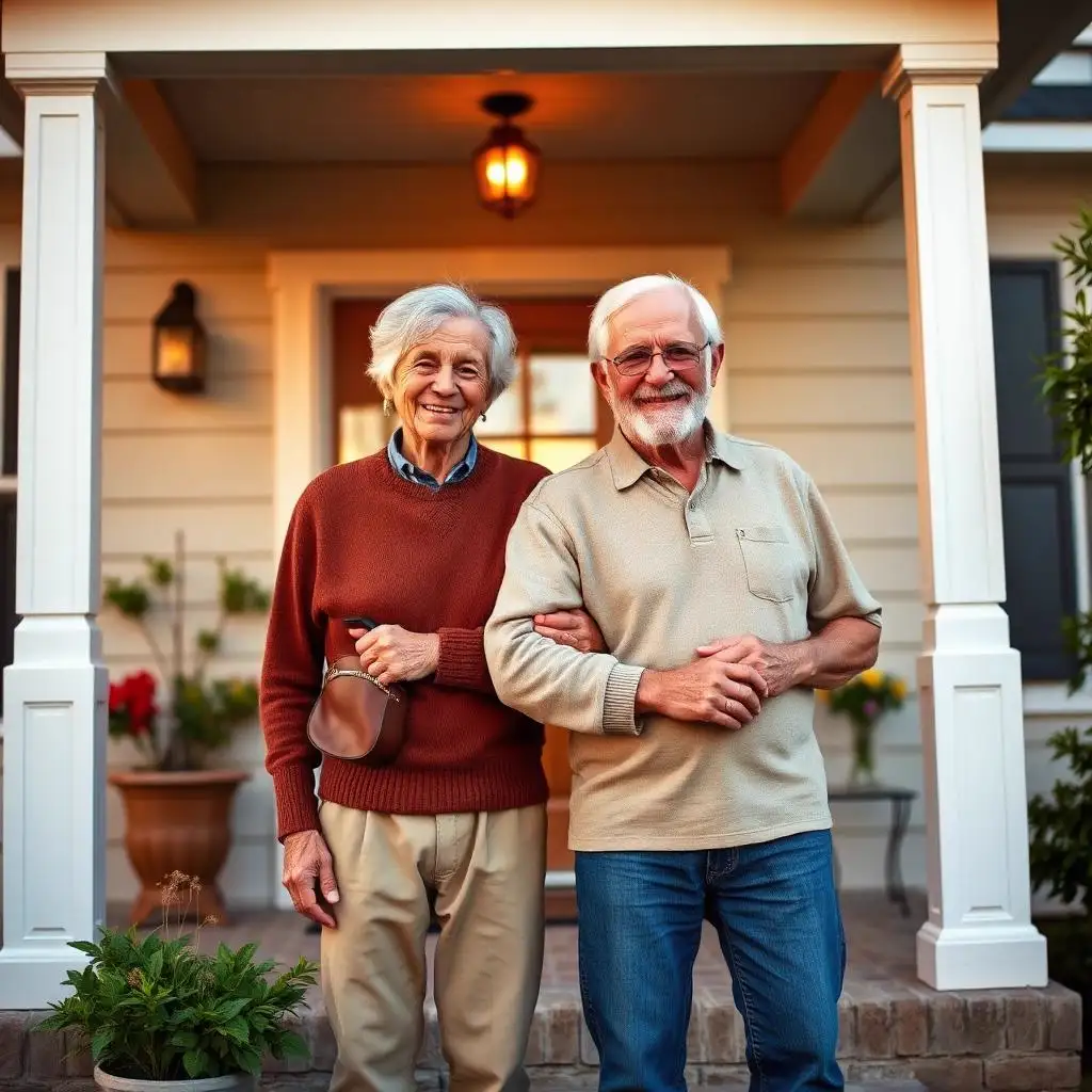 What is a reverse mortgage — senior homeowners 62+ on the porch of their paid-off home Happy senior couple on the porch of their paid-off home — reverse mortgage borrowers age 62 and older
