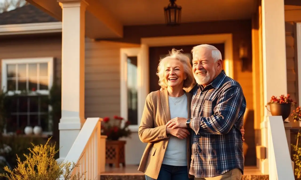 Senior married couple 62 and older reviewing reverse mortgage options together at home
