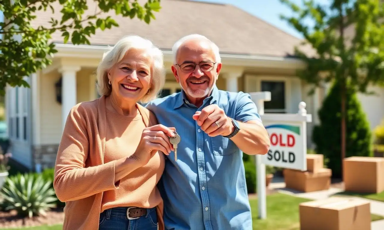 HECM for Purchase — senior couple receiving keys to new primary residence bought with reverse mortgage proceeds Senior couple receiving keys to a new single-story home purchased with HECM for Purchase