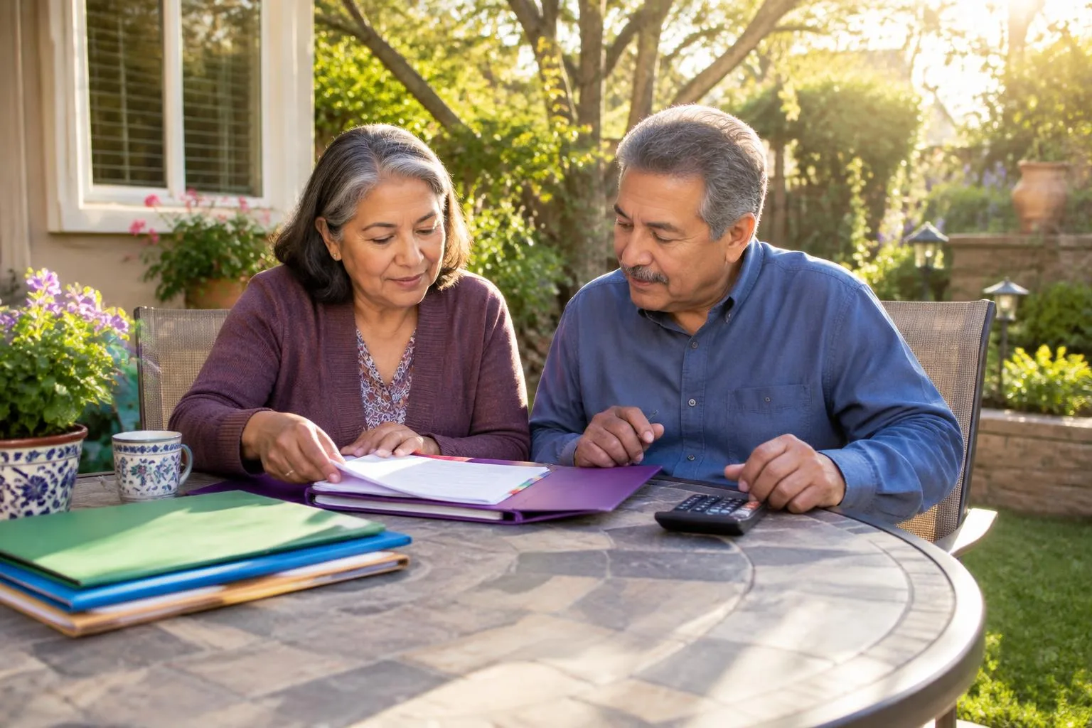 Calculadora de crecimiento de línea de crédito HECM 2026 — proyección de crédito no utilizado Pareja de adultos mayores revisando carpetas y una calculadora en el patio