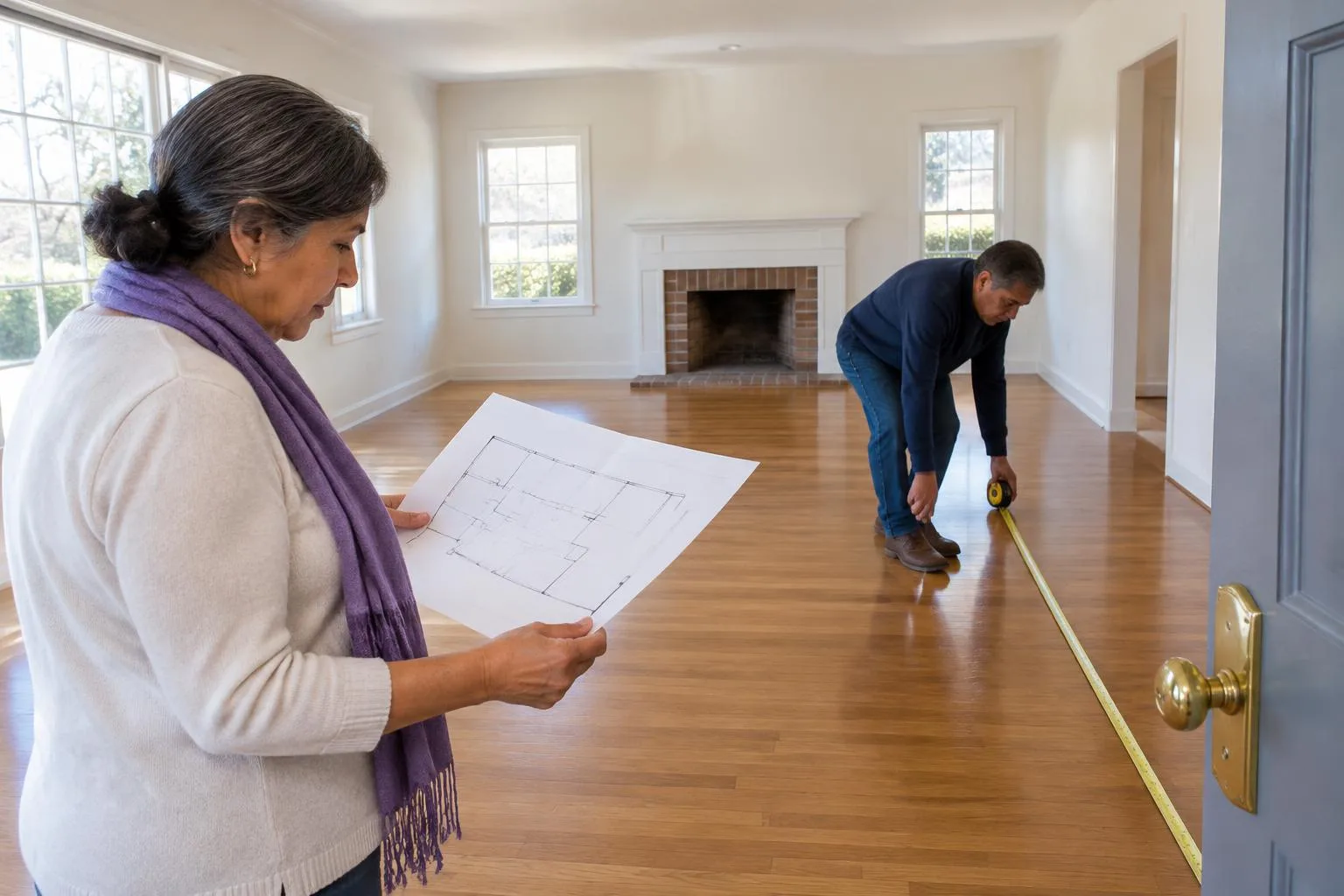 Pareja de adultos mayores midiendo una sala antes de comprar una vivienda
